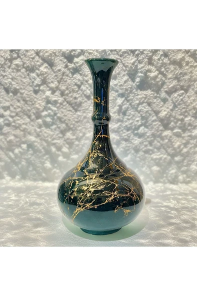 20 cm Çini Gözyaşı Vazo-zümrüt Yeşil/siyah-mermer Desenli El Yapımı-orjinal Kütahya Çinisi - 5