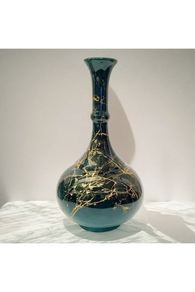 20 cm Çini Gözyaşı Vazo-zümrüt Yeşil/siyah-mermer Desenli El Yapımı-orjinal Kütahya Çinisi - 3