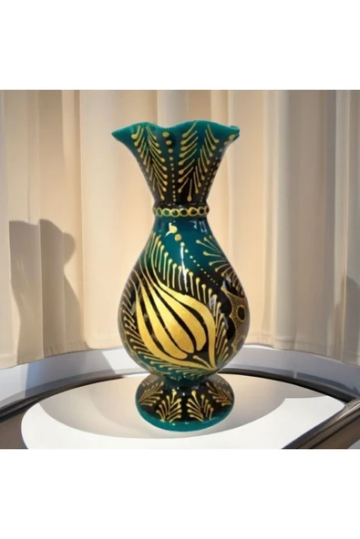 Turkuaz Çini 25 cm Marul Altın Yaldızlı Desenli Vazo