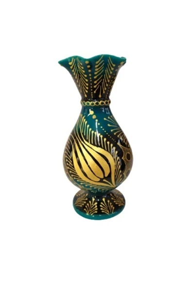 Turkuaz Çini 25 cm Marul Altın Yaldızlı Desenli Vazo - 5