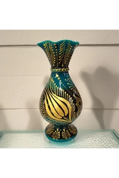 Turkuaz Çini 25 cm Marul Altın Yaldızlı Desenli Vazo - 2