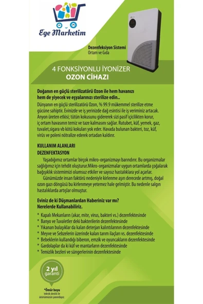 Ozon Makinası 4 Fonksiyonlu & Uvc Özelikli Ozon ve Hava Temizleme Cihazı - 8