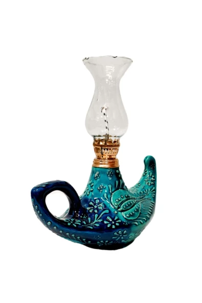 Turkuaz Renk El Yapımı Kabartma Motifli Büyük Boy Çini Gaz Lambası - 3