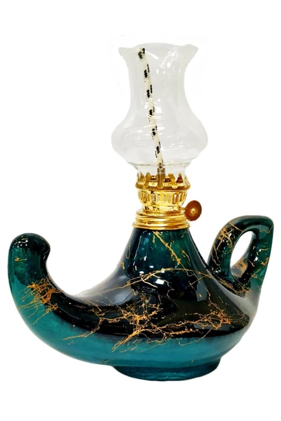 EGE Mermer Desenli Siyah/zümrüt Yeşil El Yapımı Kütahya Çinisi Gaz Lambası Büyük Aladdin Gaz Lambası - 2