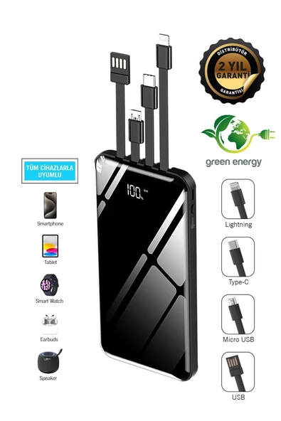 Intouch 10.000 Mah Prime Dijital Göstergeli Dahili Çoklu Kablolu Powerbank Siyah