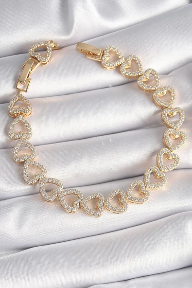 MuI MuI Pirinç Gold Renk Zirkon Taşlı Kalp Model VIP Seri Kadın Bileklik