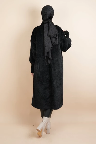 Tesettür Kaban Uzun Kaban Çift Düğmeli Geniş Ribana Kol Angora Siyah - 3