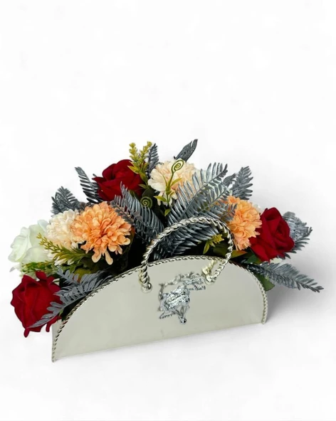 Nettenevime Yapay Çiçek Aranjmanı Metal Sepet Gümüş Vazolu Masa Üstü Çiçeği Arajman - Resim 3