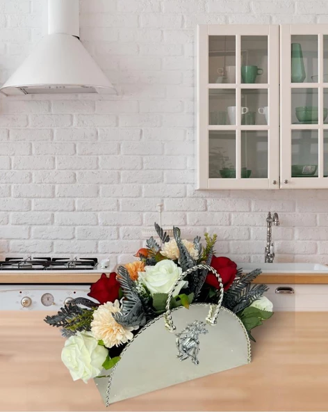 Nettenevime Yapay Çiçek Aranjmanı Metal Sepet Gümüş Vazolu Masa Üstü Çiçeği Arajman - Resim 4