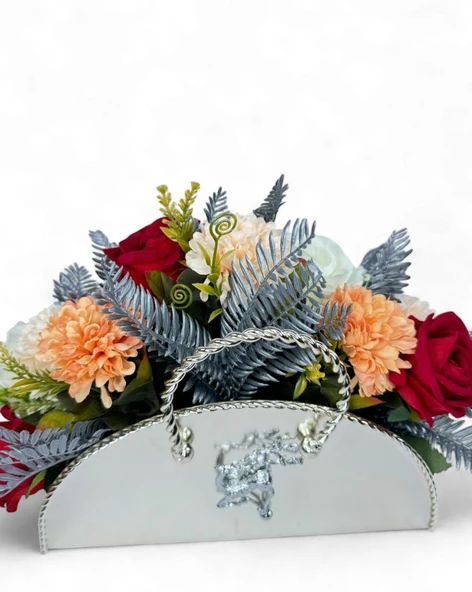 Nettenevime Yapay Çiçek Aranjmanı Metal Sepet Gümüş Vazolu Masa Üstü Çiçeği Arajman - Resim 2