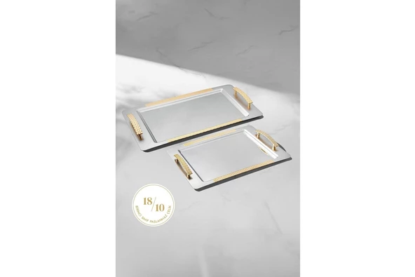 Nehir Sırma Altın Sade 2 Li Paslanmaz Çelik Tepsi Çay Kahve Tepsisi - Servis Tepsisi