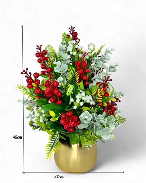 Nettenevime Yapay Çiçek Aranjman Gold Vazoda Yılbaşı Çiçeği Kırmızı Kokina Ve Pastel Şimşir - Resim 3
