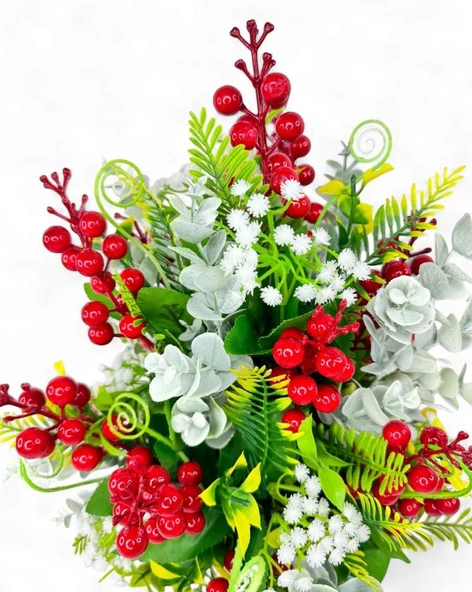 Nettenevime Yapay Çiçek Aranjman Gold Vazoda Yılbaşı Çiçeği Kırmızı Kokina Ve Pastel Şimşir - Resim 6