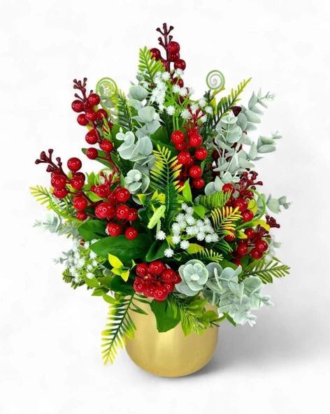 Nettenevime Yapay Çiçek Aranjman Gold Vazoda Yılbaşı Çiçeği Kırmızı Kokina Ve Pastel Şimşir ürün görseli
