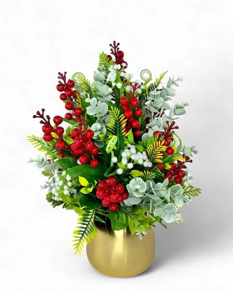 Nettenevime Yapay Çiçek Aranjman Gold Vazoda Yılbaşı Çiçeği Kırmızı Kokina Ve Pastel Şimşir - Resim 2