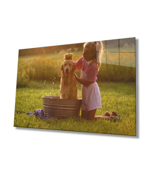 Köpek ve Çocuk Dekoratif ve Modern Cam Tablo ürün görseli