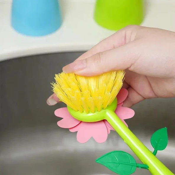 3B Trend Vazolu Çiçek Şeklinde Bulaşık Temizlik Fırçası Banyo Mutfak Lavabo Bulaşık Temizleme Fırçası- 1 ADET - 3