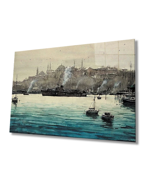 Sulu Boya Deniz Gemiler İstanbul Manzaralı   Dekoratif ve Modern Cam Tablo ürün görseli