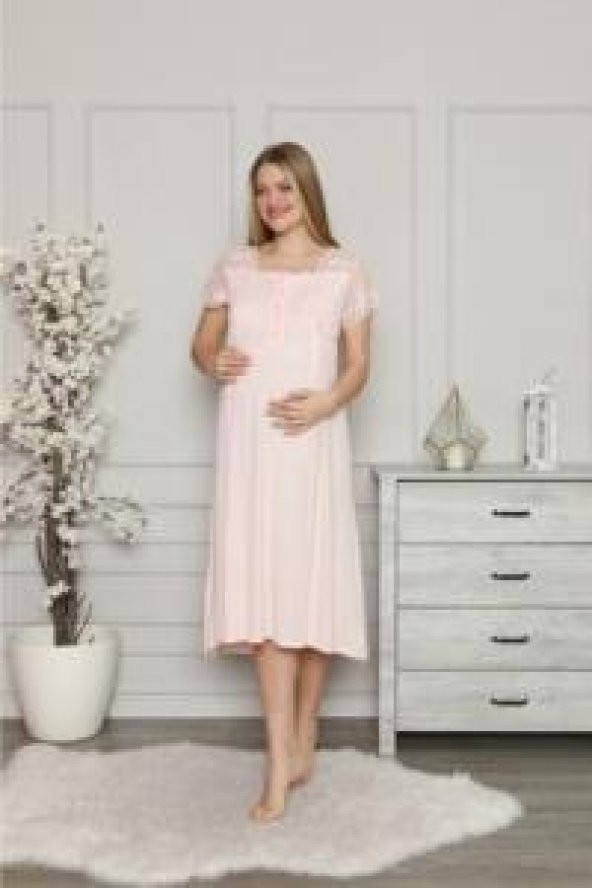 LİMİSSİ 1208 Pembe Hamile Lohusa Dantelli Gecelik