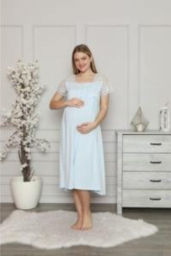 LİMİSSİ 1208 Mavi Hamile Lohusa Dantelli Gecelik - 3