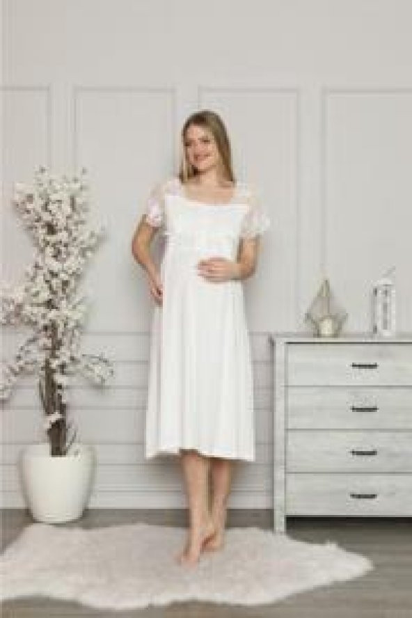 LİMİSSİ 1208 Ecru Hamile Lohusa Dantelli Gecelik - Resim 3