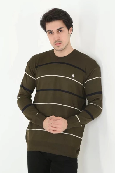 Erkek Çizgili Nakışlı Kazak - Yeşil - 2