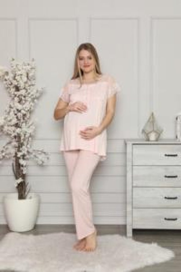 LİMİSSİ 2208 Pembe Hamile Lohusa Dantelli Pijama Tk - 3