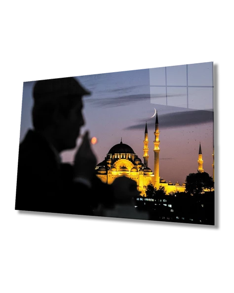 Şapkalı Adam Ve Camii  Dekoratif ve Modern Cam Tablo ürün görseli