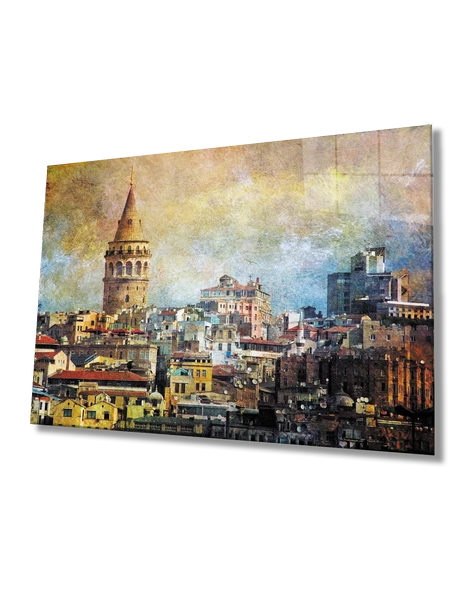 Sulu Boya İstanbul Galata Kulesi  Dekoratif ve Modern Cam Tablo