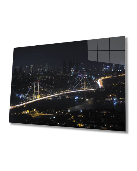 İstanbul Gece Boğaz Köprüsü Manzarası Dekoratif ve Modern Cam Tablo