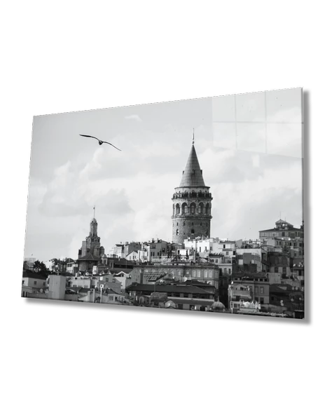 İstanbul Siyah Beyaz Galata Kulesi Dekoratif ve Modern Cam Tablo ürün görseli 1