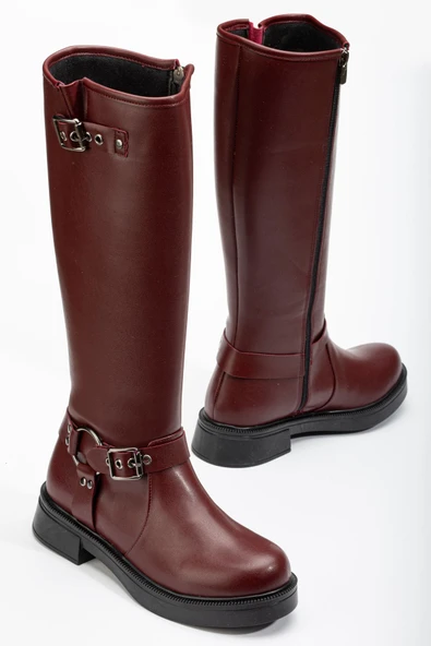 Bordo Toka Aksesuarlı Fermuarlı Günlük Kadın Çizme ürün görseli 1