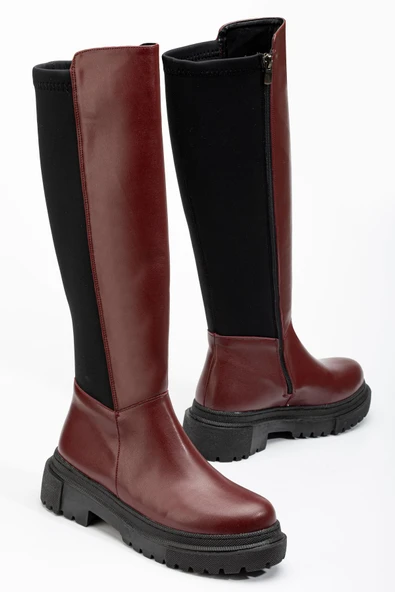Bordo Arkası Streç Fermuarlı Günlük Kadın Çizme - 3