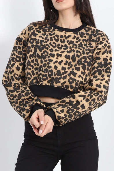 Desenli 3 İplik Crop Sweat Leopar - 20109.1868.