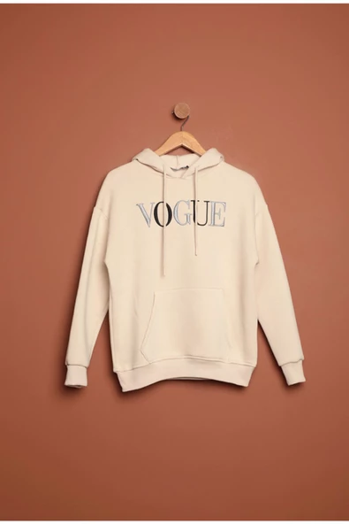 Üç İplik Vogue Nakışlı Kapüşonlu Kadın Bej Sweat