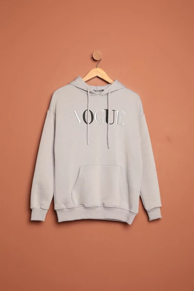 Üç İplik Vogue Nakışlı Kapüşonlu Kadın Gri Sweat