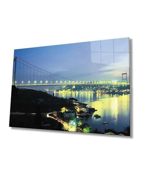 İstanbul Gece Boğaz Köprüsü Manzarası Dekoratif ve Modern Cam Tablo