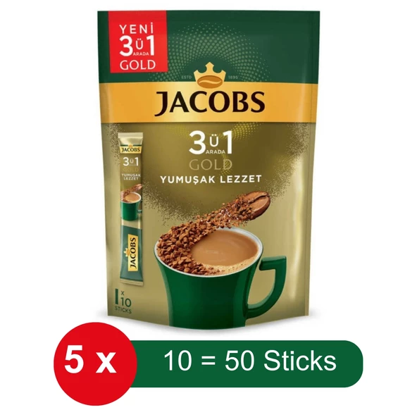 Jacobs 3 ü 1 Arada Gold Yumuşak Lezzet Hazır Kahve – 10 lu Paket x 5 Adet