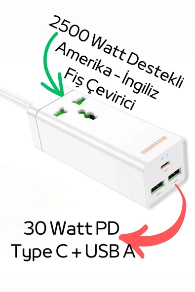 30W 2 Type-C - 1 USB-A PD Şarj Aleti, 1,5 m kablo 2500 Watt Destekli Priz Amerikan Ingiliz Fiş Dönüştürücü - 2