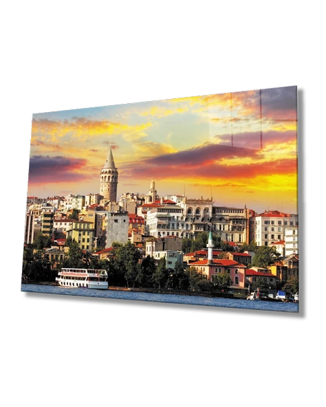 Kızıl Gökyüzü Galata Kulesi İstanbul Manzaralı  Dekoratif ve Modern Cam Tablo