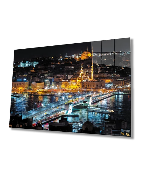 Gece Kuşbakışı İstanbul Manzarası Dekoratif ve Modern Cam Tablo ürün görseli
