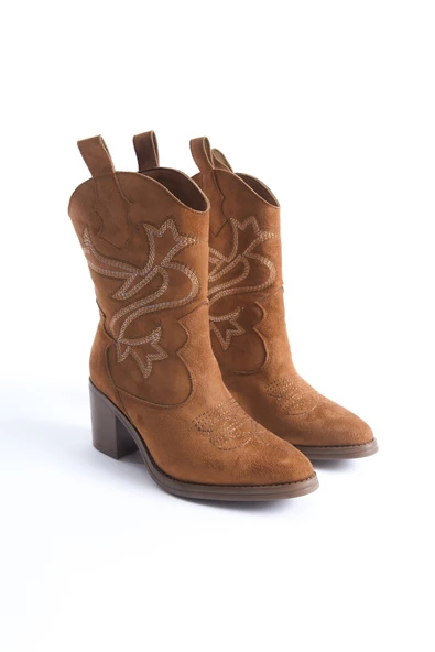 Bazal Taba Süet Kovboy Bot Topuklu Rahat Nakışlı Western Bot - 2