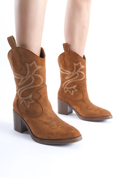 Bazal Taba Süet Kovboy Bot Topuklu Rahat Nakışlı Western Bot - 3