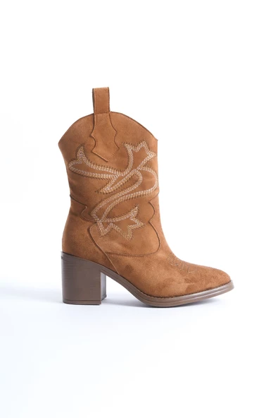 Bazal Taba Süet Kovboy Bot Topuklu Rahat Nakışlı Western Bot - 4