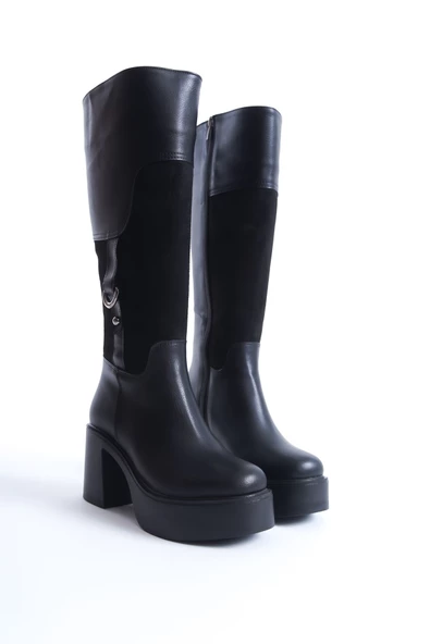 Poyel Siyah Tokalı Kalın Platform Topuklu Rahat Tokalı Günlük Çizme - 2