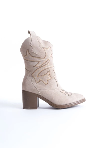 Bazal Ten Süet Kovboy Bot Topuklu Rahat Nakışlı Western Bot - 4