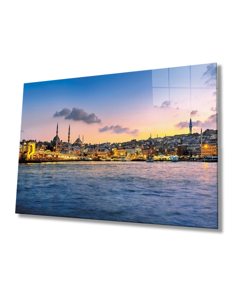 Günbatımında İstanbul Deniz Manzarası Dekoratif ve Modern Cam Tablo