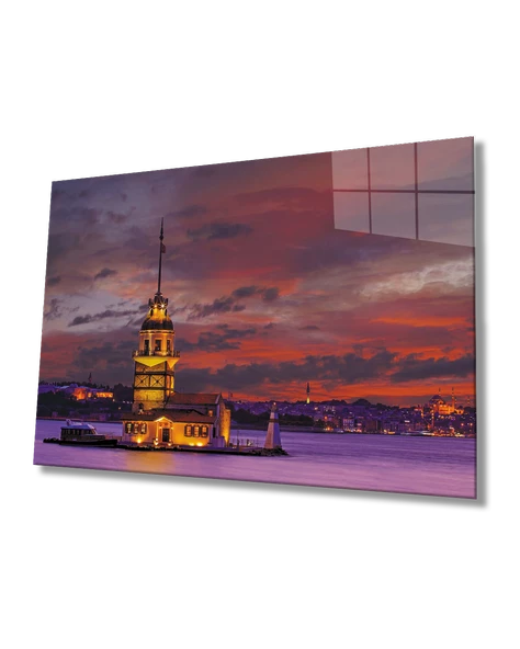 Kızıl Gökyüzü Kız Kulesi Manzaralı  Dekoratif ve Modern Cam Tablo ürün görseli