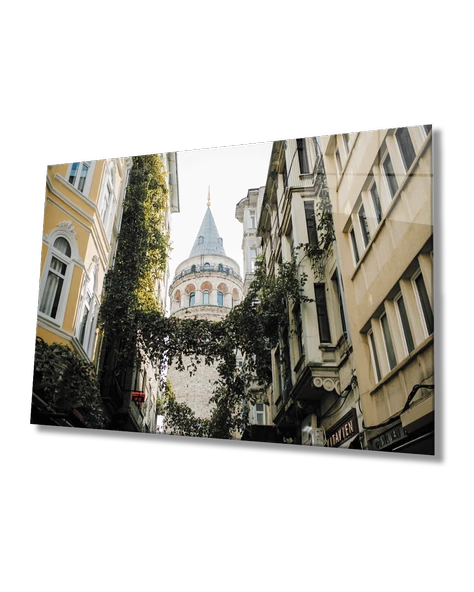 İstanbul Sarmaşıklı Sokak ve Galata Manzaralı Dekoratif ve Modern Cam Tablo