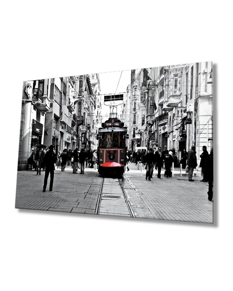 İstanbul Siyah Beyaz Taksim Tramvay Dekoratif ve Modern Cam Tablo